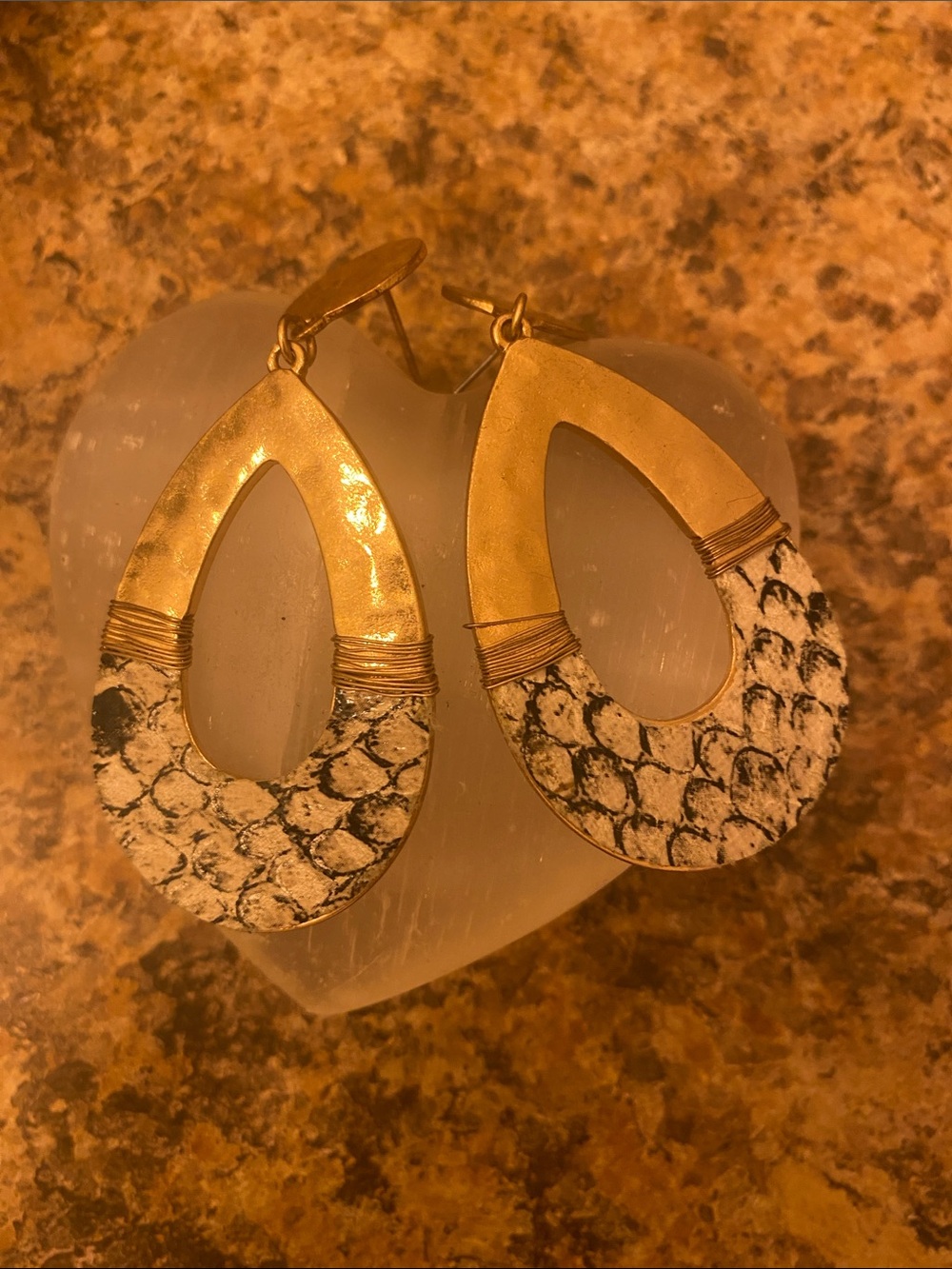 Gold and White Snake print Teardrop Mixed-Media Earrings